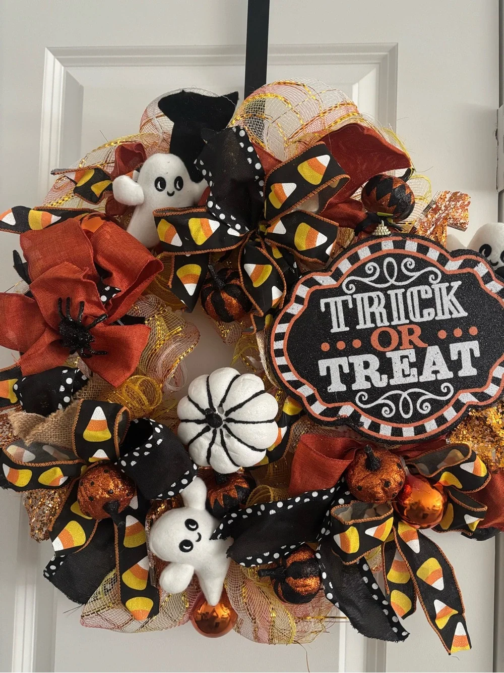 Handmade Halloween Trick or Treat Wreath Ghosts Orange Black White Final Sale